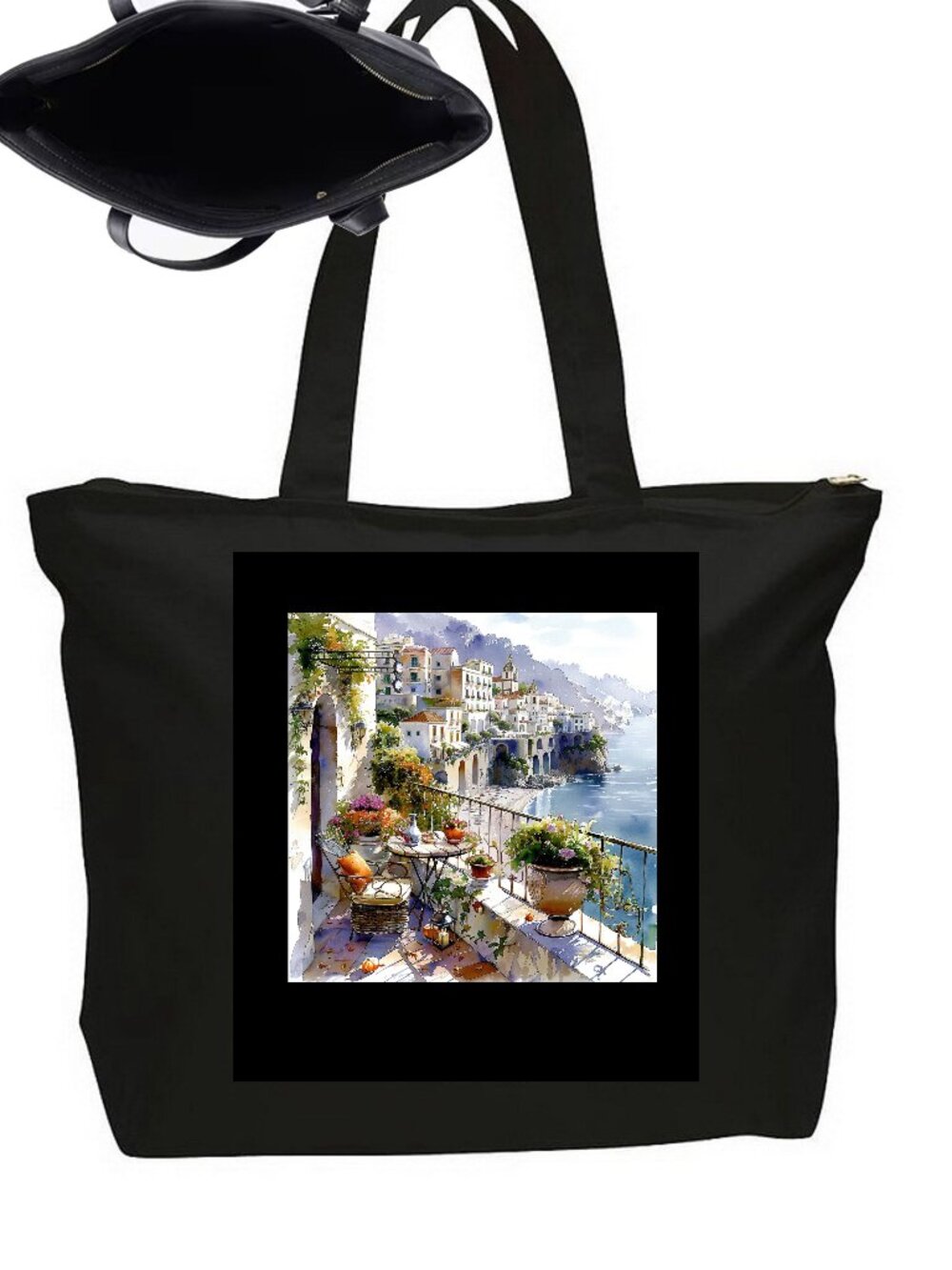 Mediterranean Ocean Greece Santorini LArge Tote Bag Satchel Floral Art Balcony